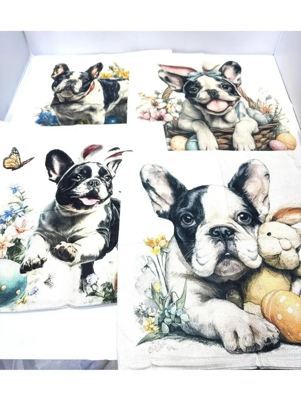 4pc Easter French Bulldog Cushion Covers Pillow Cases Spring Puppy Decor NWOT